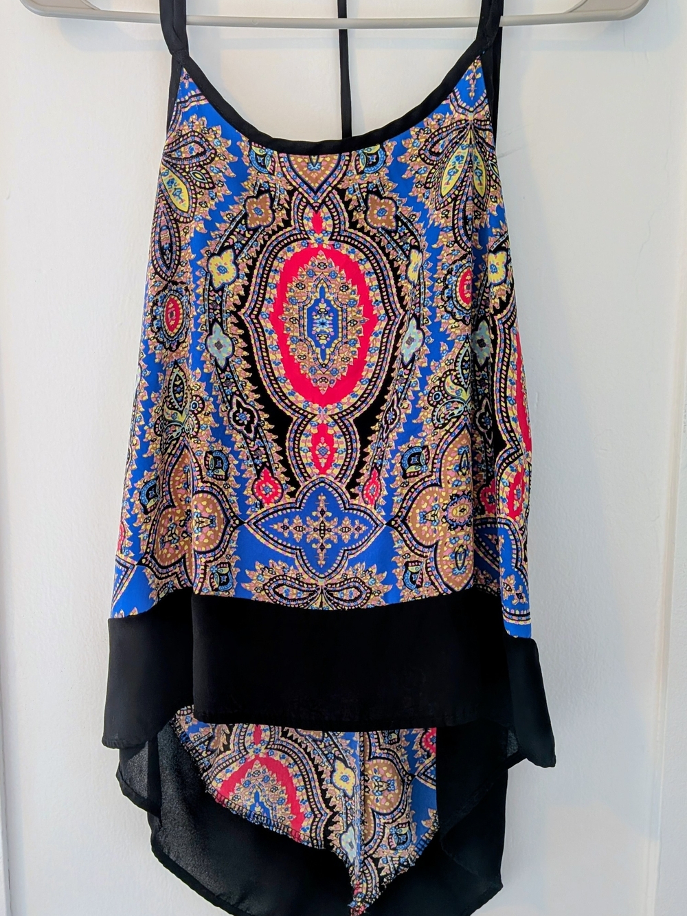Blue Paisley High-Low Tank Top with Black Trim